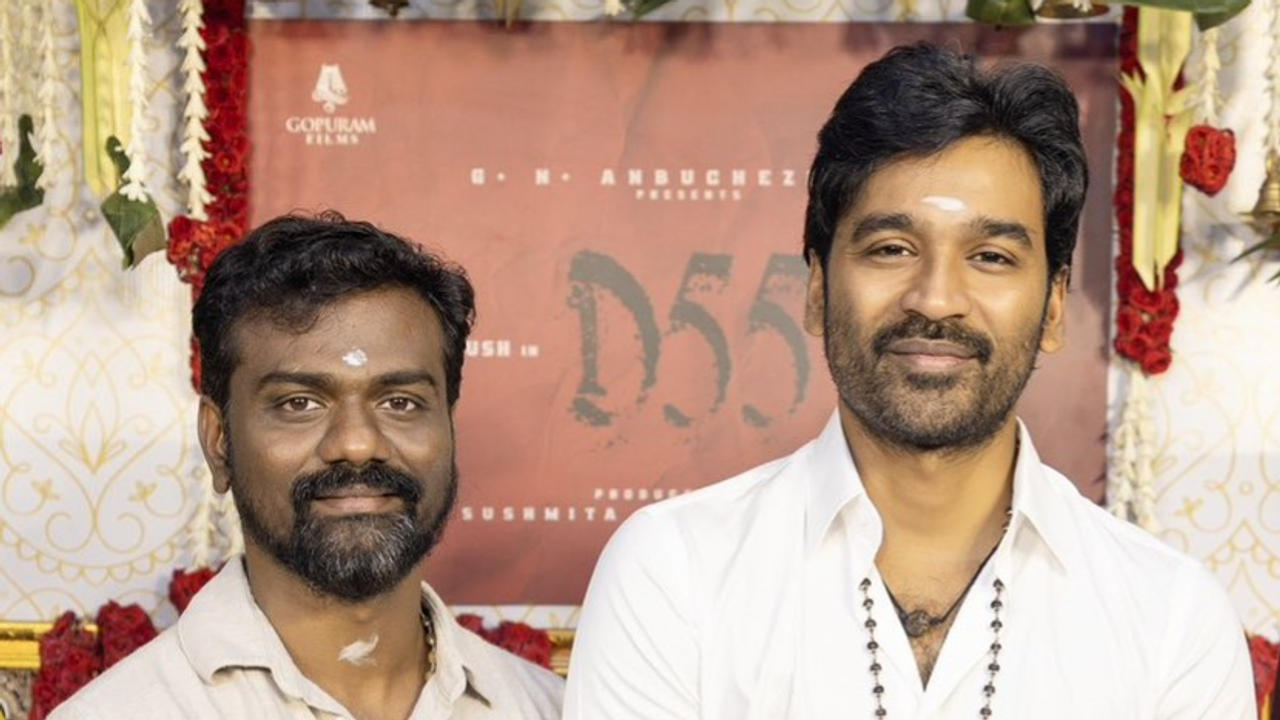 Dhanush with Director Rajkumar Periasamy at D55 pooja ceremony.