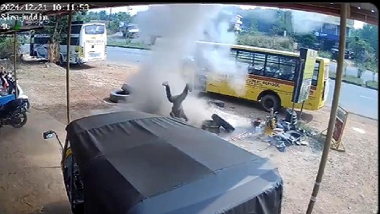 Disturbing Video: Man Tossed Into Air After School Bus Tyre Bursts in Karnataka's Udupi 