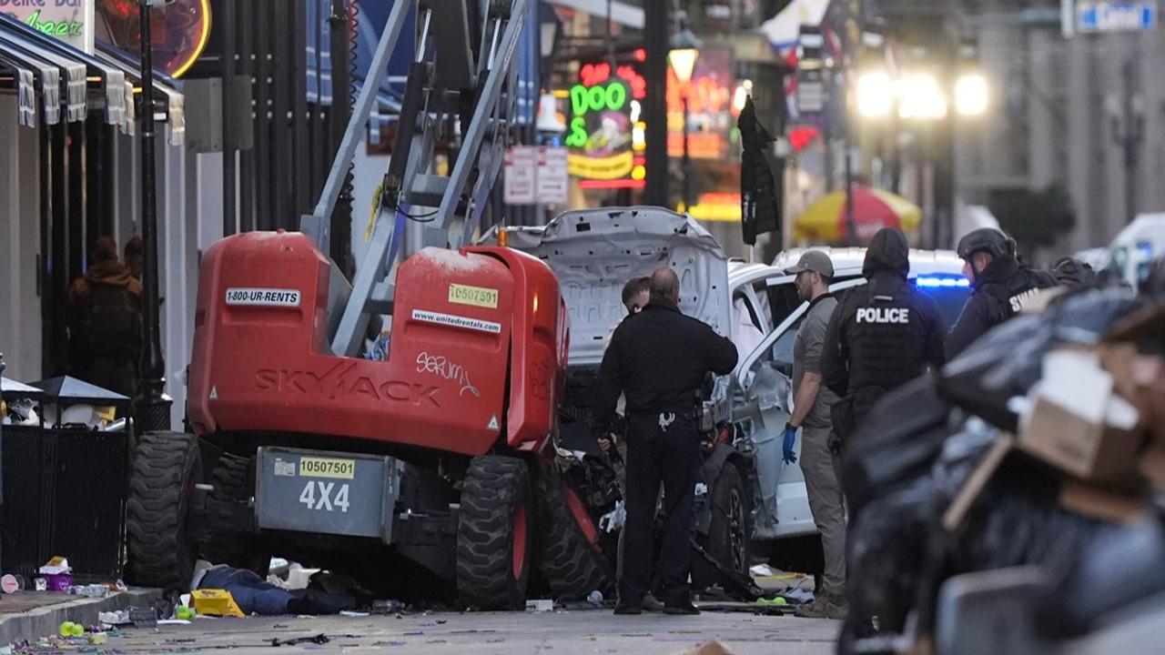 Emergency services attend the scene on Bourbon Street after a vehicle drove into a crowd on New Orleans' Canal and Bourbon Street, Wednesday Jan. 1, 2025.