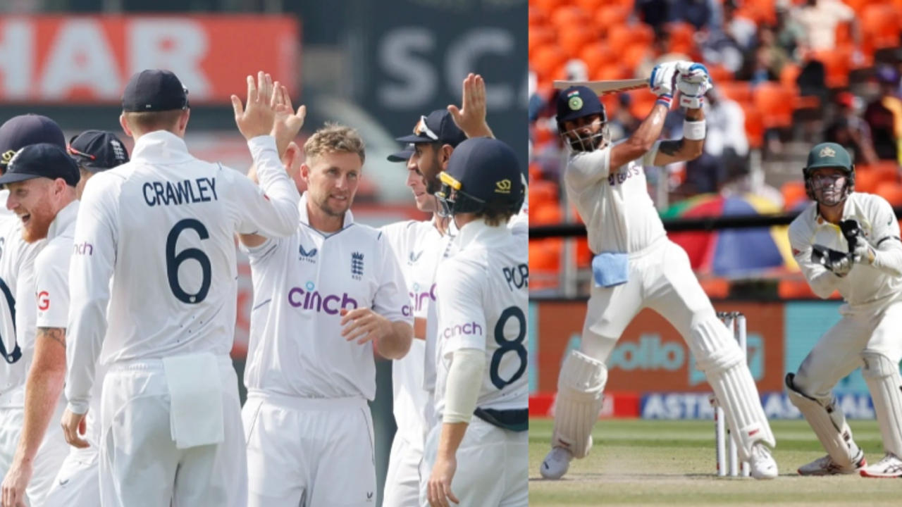 England celebrate a fall of wicket and Virat Kohli plays a shot