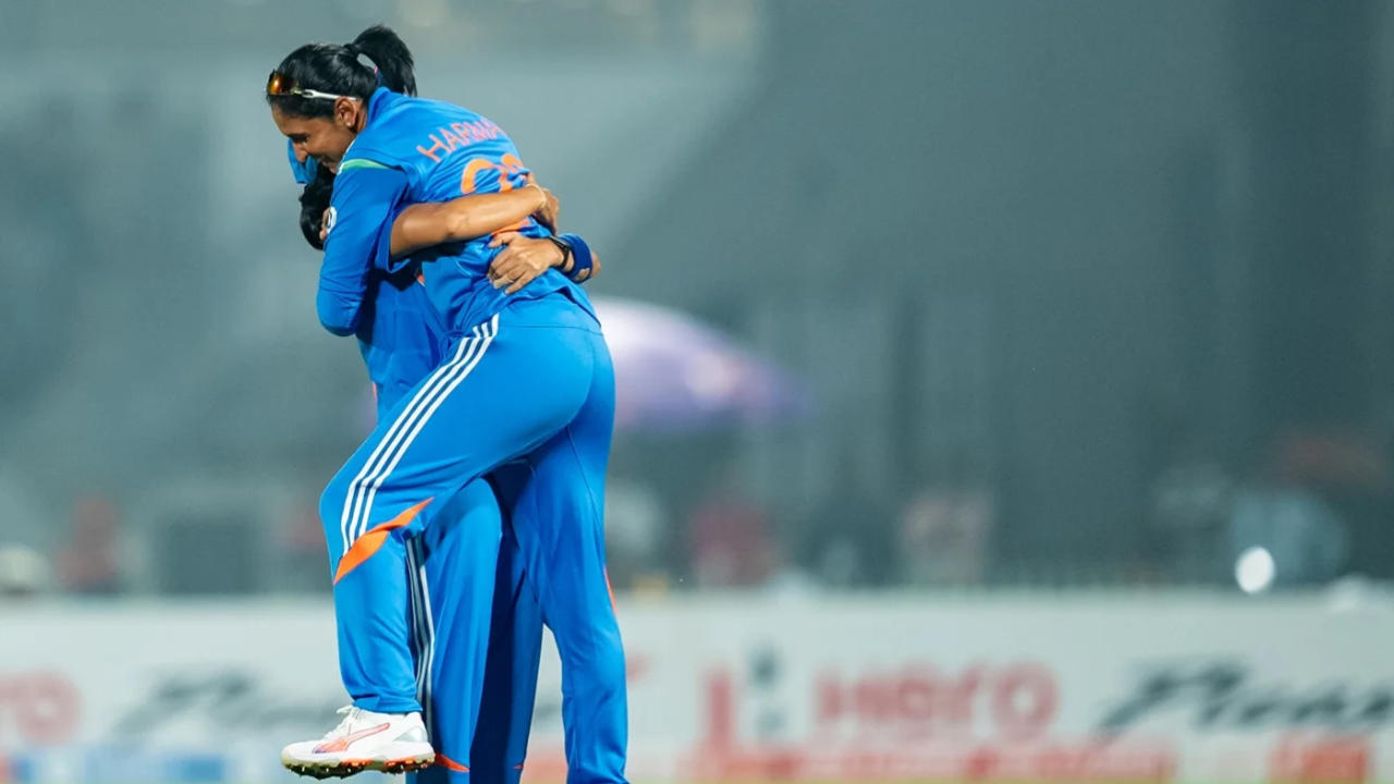 Harmanpreet Kaur celebrates after a wicket 