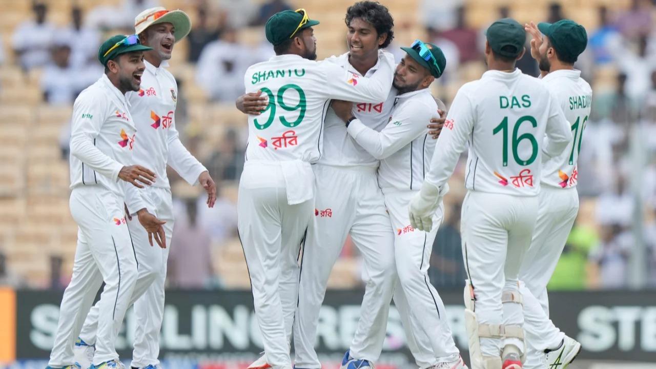 Hasan Mahmud celebrates a wicket