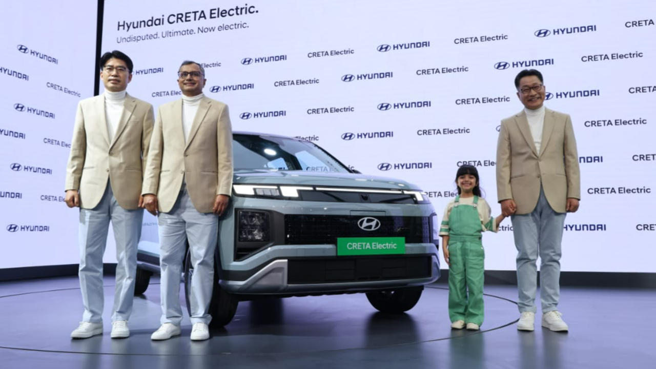 JT Park, Executive Director (Sales, Marketing and Service) - Hyundai Motor India Limited (HMIL), Mr. Tarun Garg, Whole-time Director & Chief Operating Officer - HMIL, and Mr. Unsoo Kim, Managing Director - HMIL, at the launch of the Hyundai CRETA Electric at Bharat Mobility Global Expo 2025 in New Delhi.