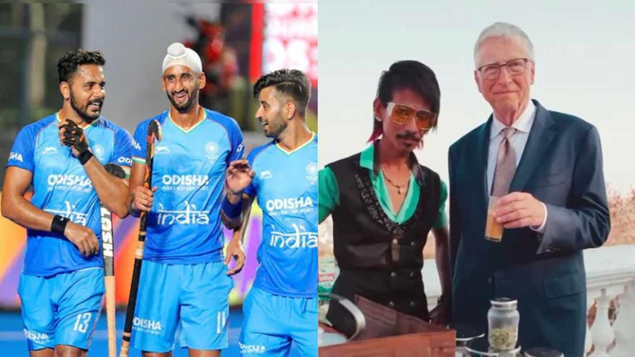 Indian hockey team on the left and Dolly Chaiwala on the right