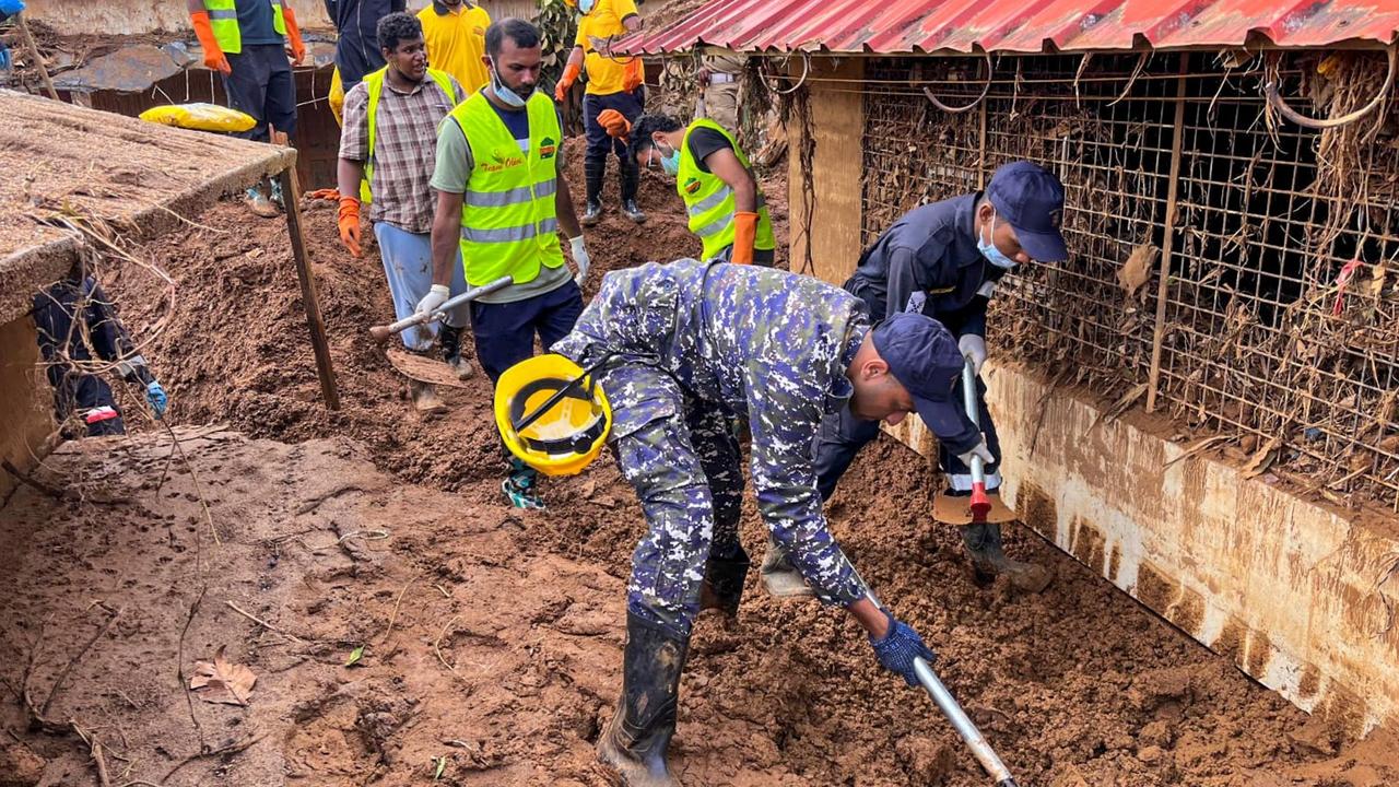 Indian Navy's disaster relief team conducts search and rescue operation at a landslide-hit area in Wayanad.