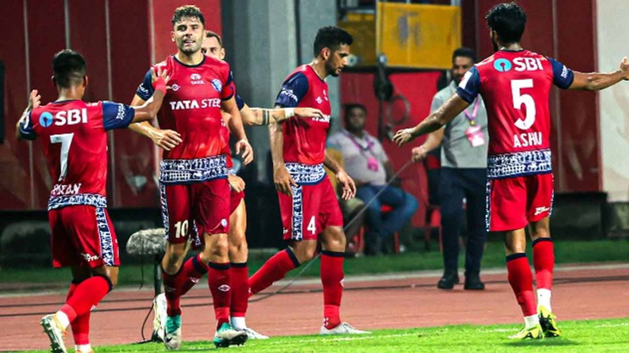 Jamshedpur FC players celebrate during their game against Mumbai City FC.