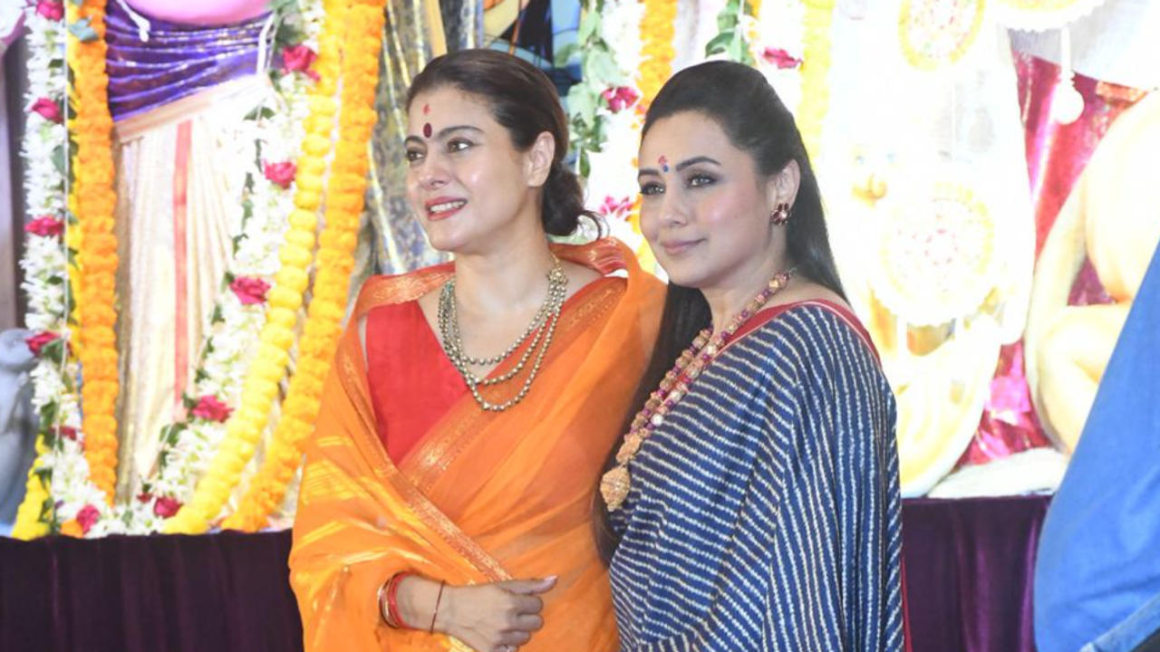 Kajol and Rani Mukerji posing together at Durga Puja pandal