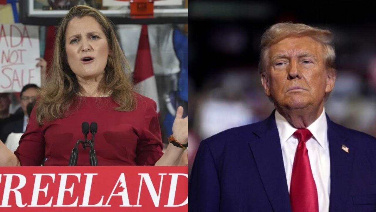 (L) Chrystia Freeland and US President Donald Trump (R)