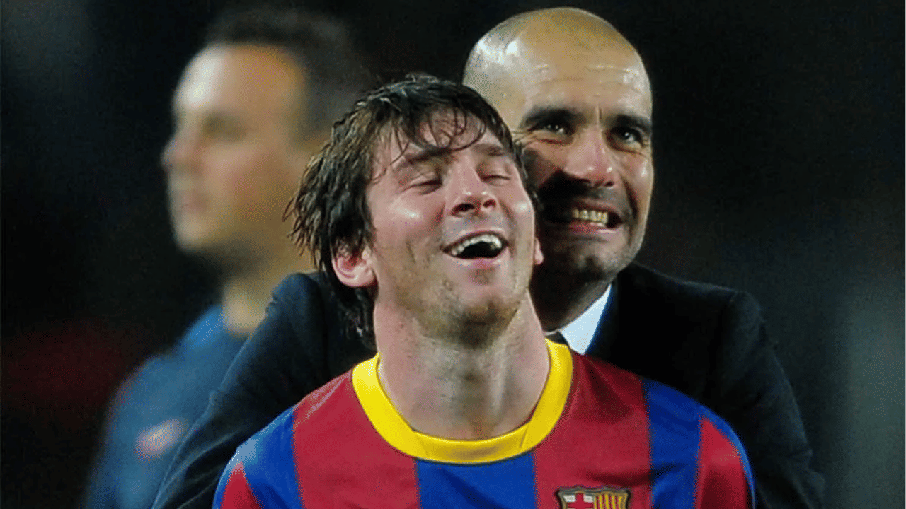 Lionel Messi with Pep Guardiola