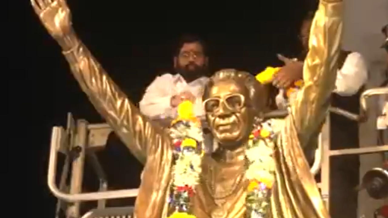 Maharashtra Deputy CM Eknath Shinde garlands statue of Shiv Sena founder Balasaheb Thackeray 