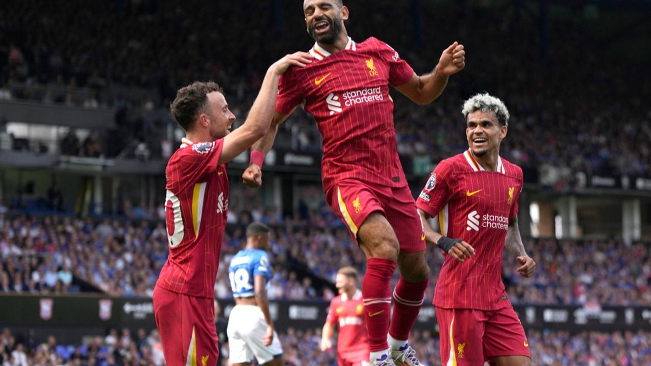 Mo Salah celebrates his goal for Liverpool against Ipswich Town on opening day of Premier League