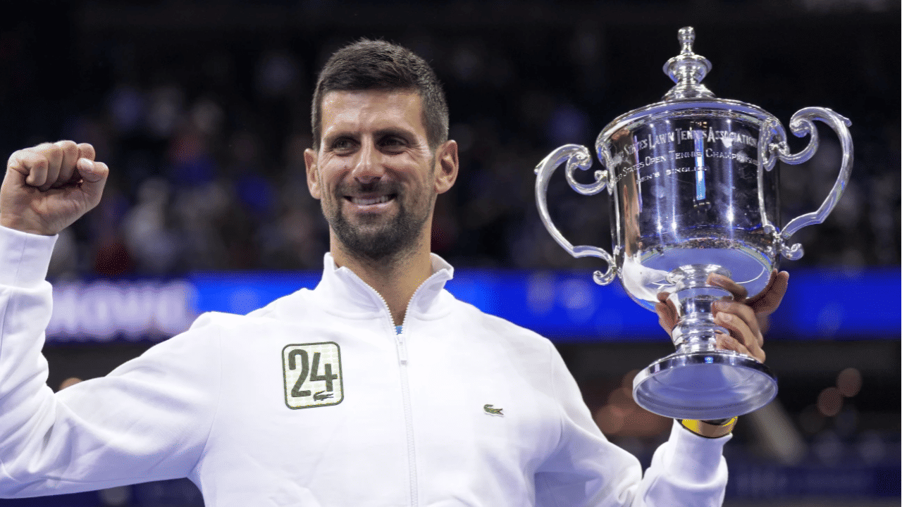 Novak Djokovic celebrates his US Open 2023 triumph