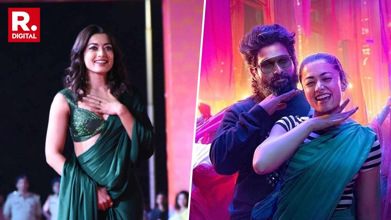 Photo of Rashmika Mandanna and poster of Pushpa 2