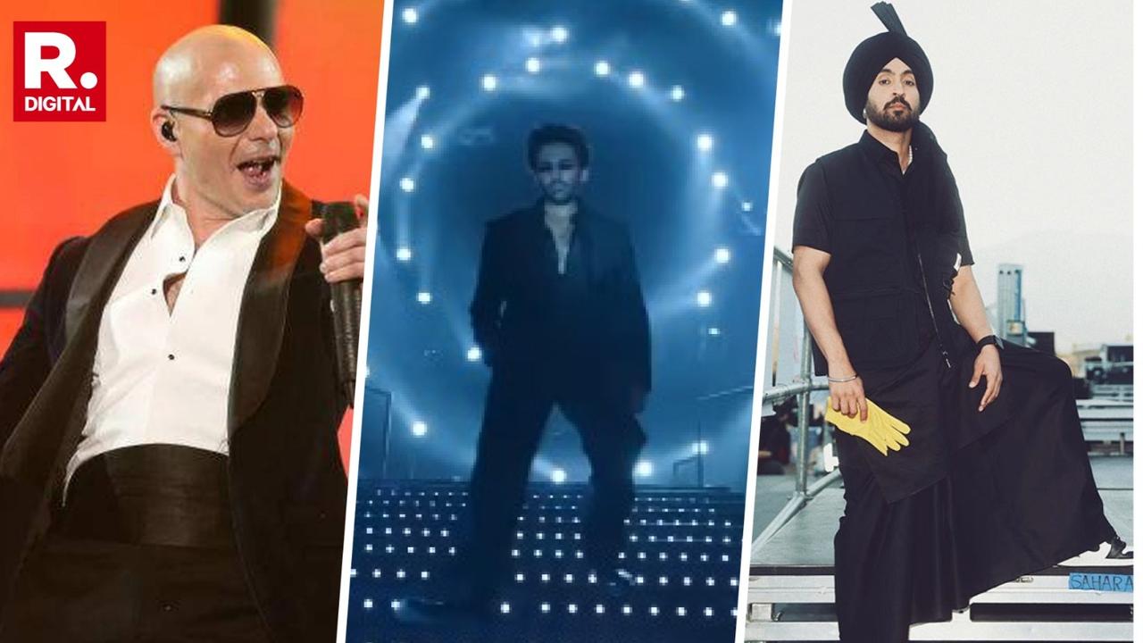 Pitbull (Left), Kartik Aaryan (Centre), Diljit Dosanjh (Right).