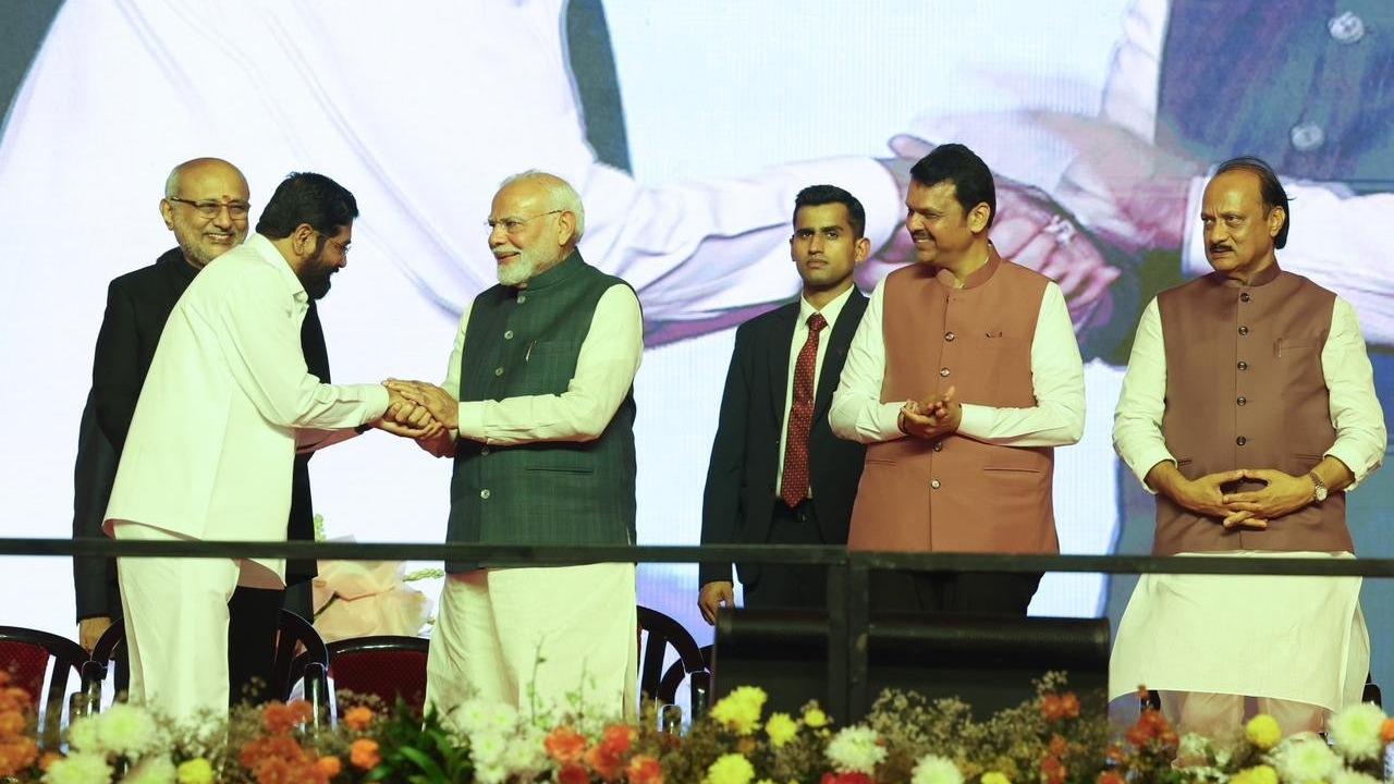 PM Modi at the swearing in ceremony of Devendra Fadnavis as Mahrashtra CM, Eknath Shinde and Ajit Pawar as Deputy CMs