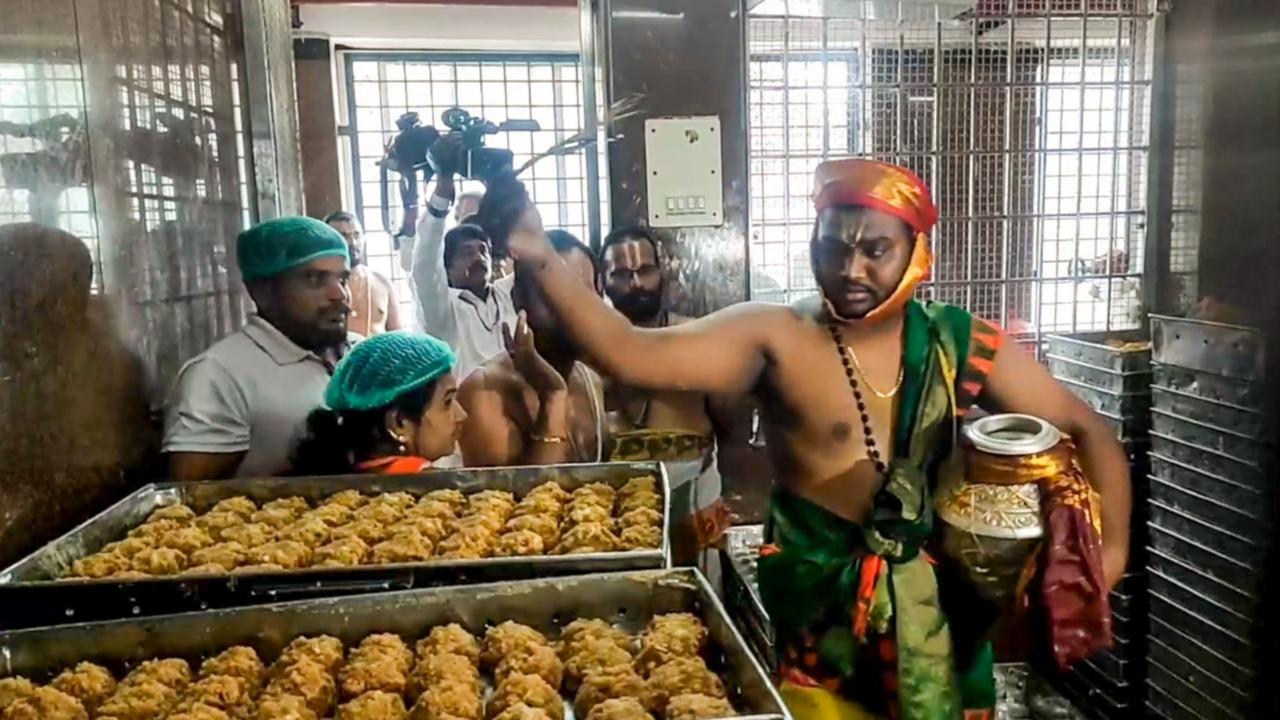 Priest performs the purification ritual 'Shanti Homam Panchagavya Prokshana' to undo the alleged desecrations that occurred at Sri Venkateswara Swamy Temple during YSRCP government, at Tirumala in Tirupati district