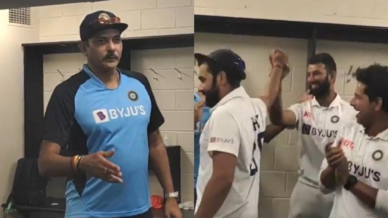 Ravi Shastri giving a speech after the Gabba win