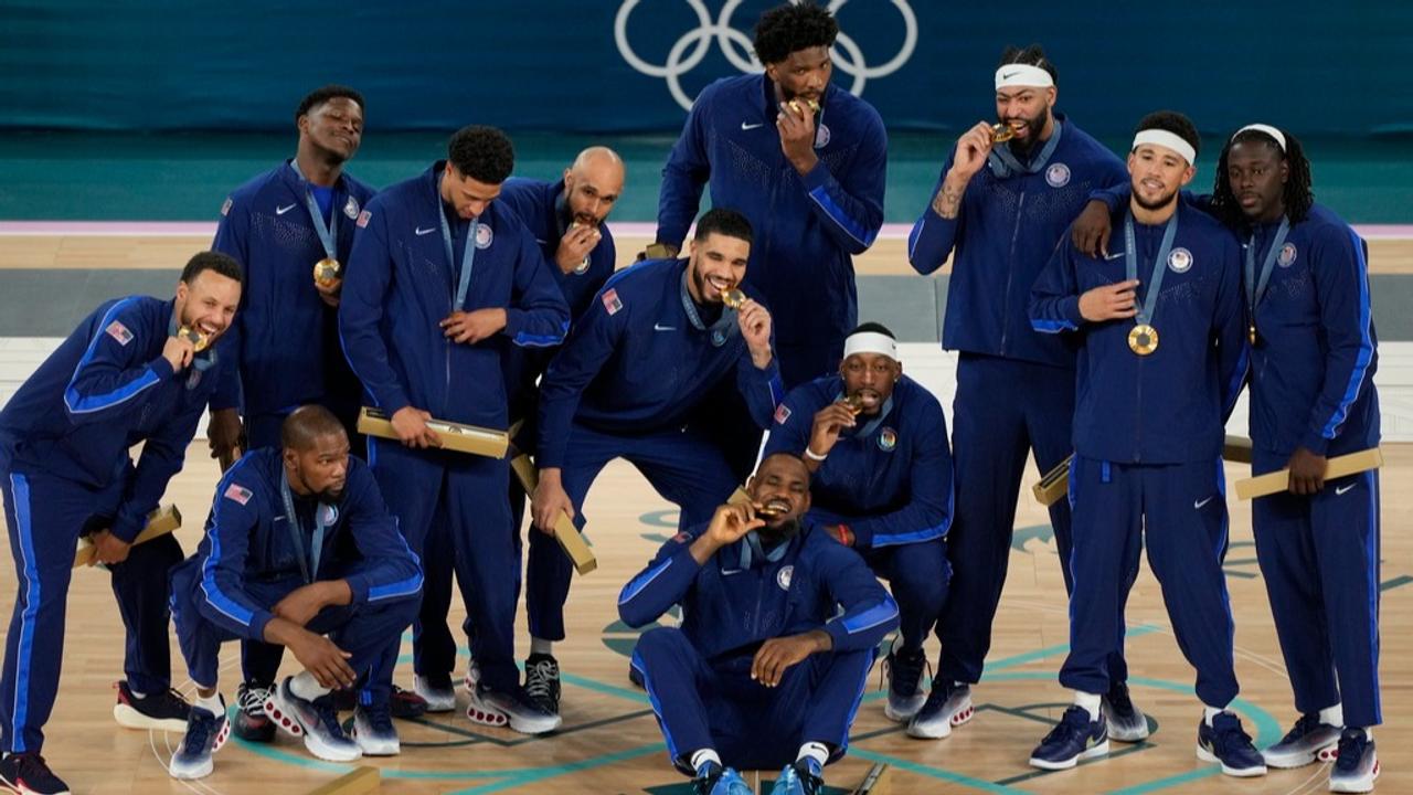 USA basketball team celebrates Paris Olympics Gold Medal