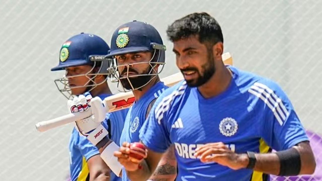 Virat Kohli, Yashasvi Jaiswal and Jasprit Bumrah during a training session.