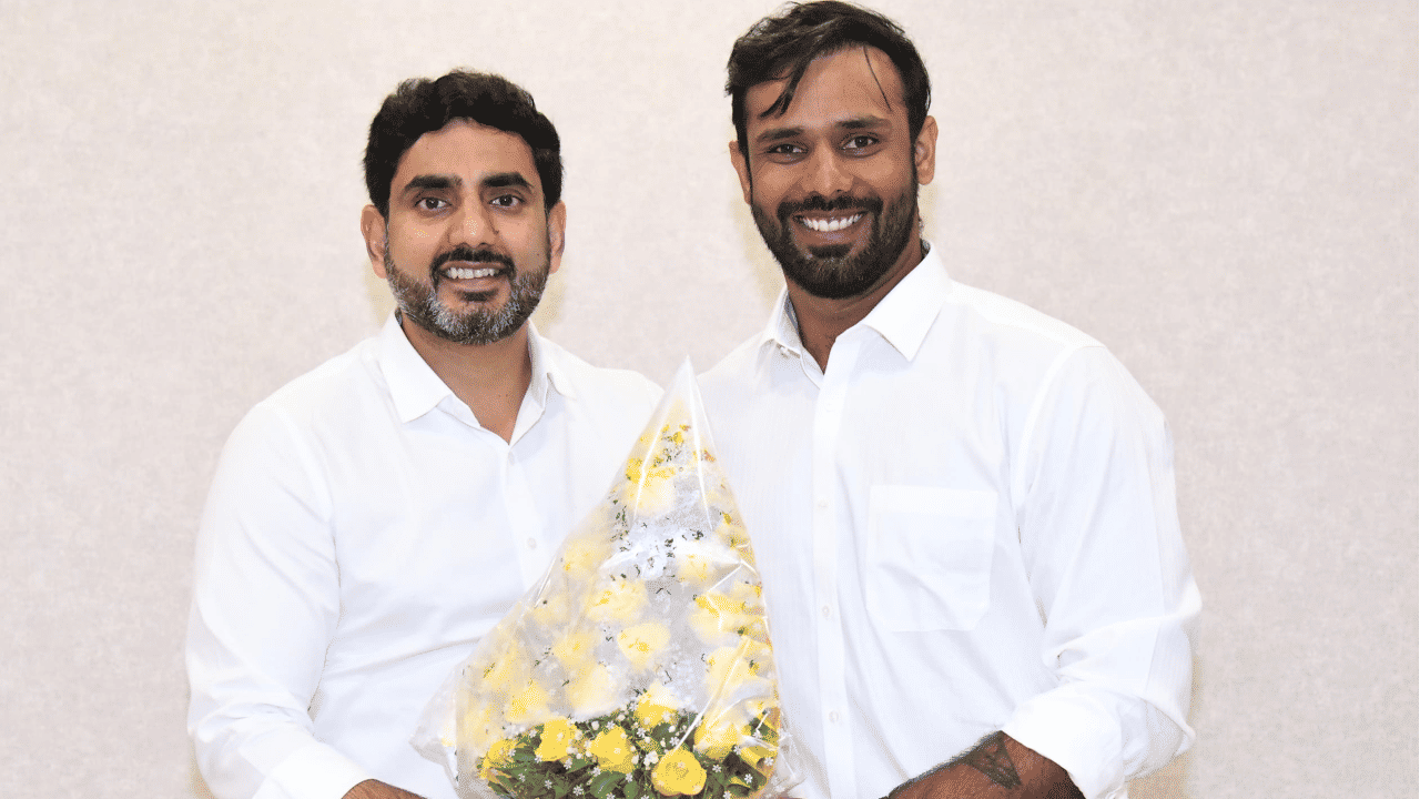 Minister for Human Resources Development (HRD) Nara Lokesh and cricketer Hanuma Vihari