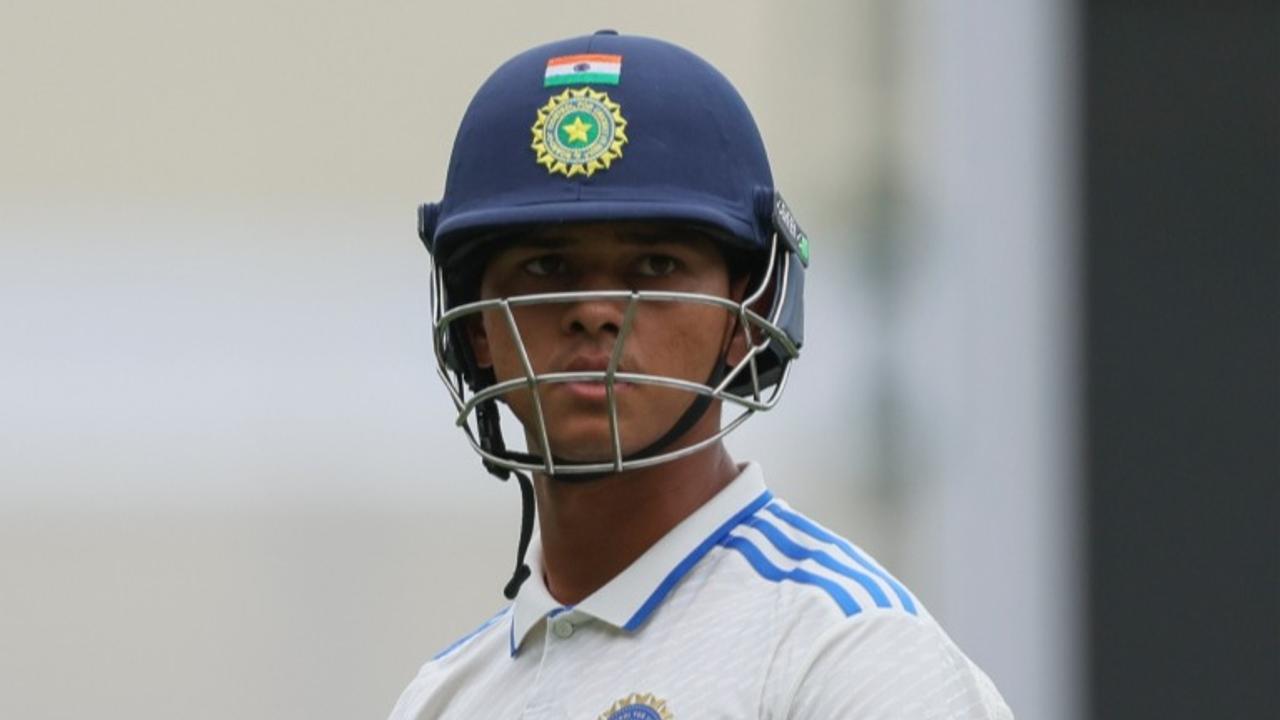 Yashasvi Jaiswal walks away after being dismissed by Mitchell Starc in the Pink Ball Test match