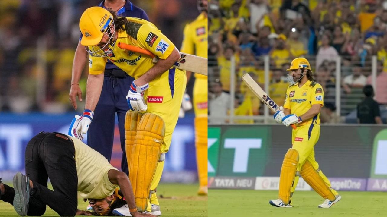 fan touch ms dhoni feet csk star hugs him