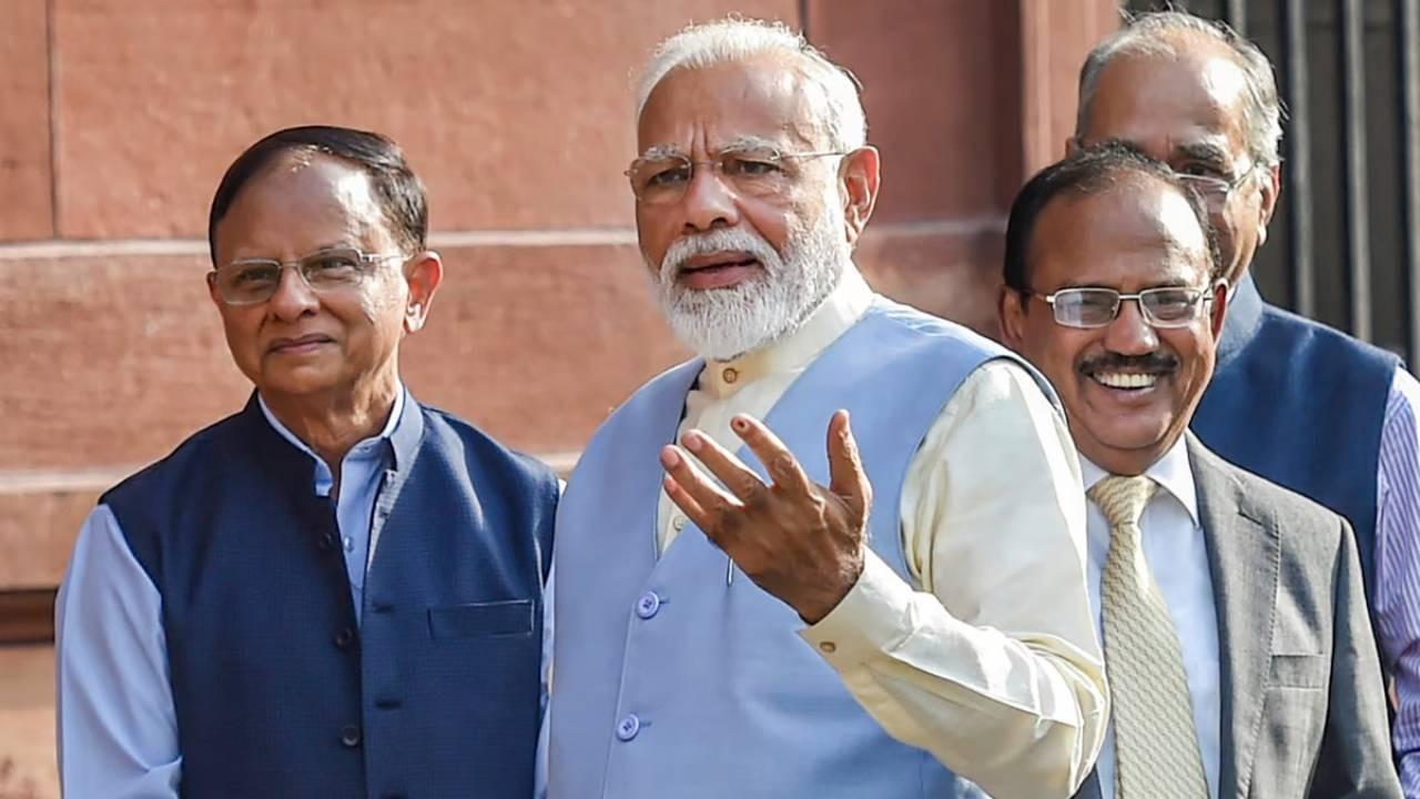 pm narendra modi with nsa ajit doval and principal secretary pk mishra