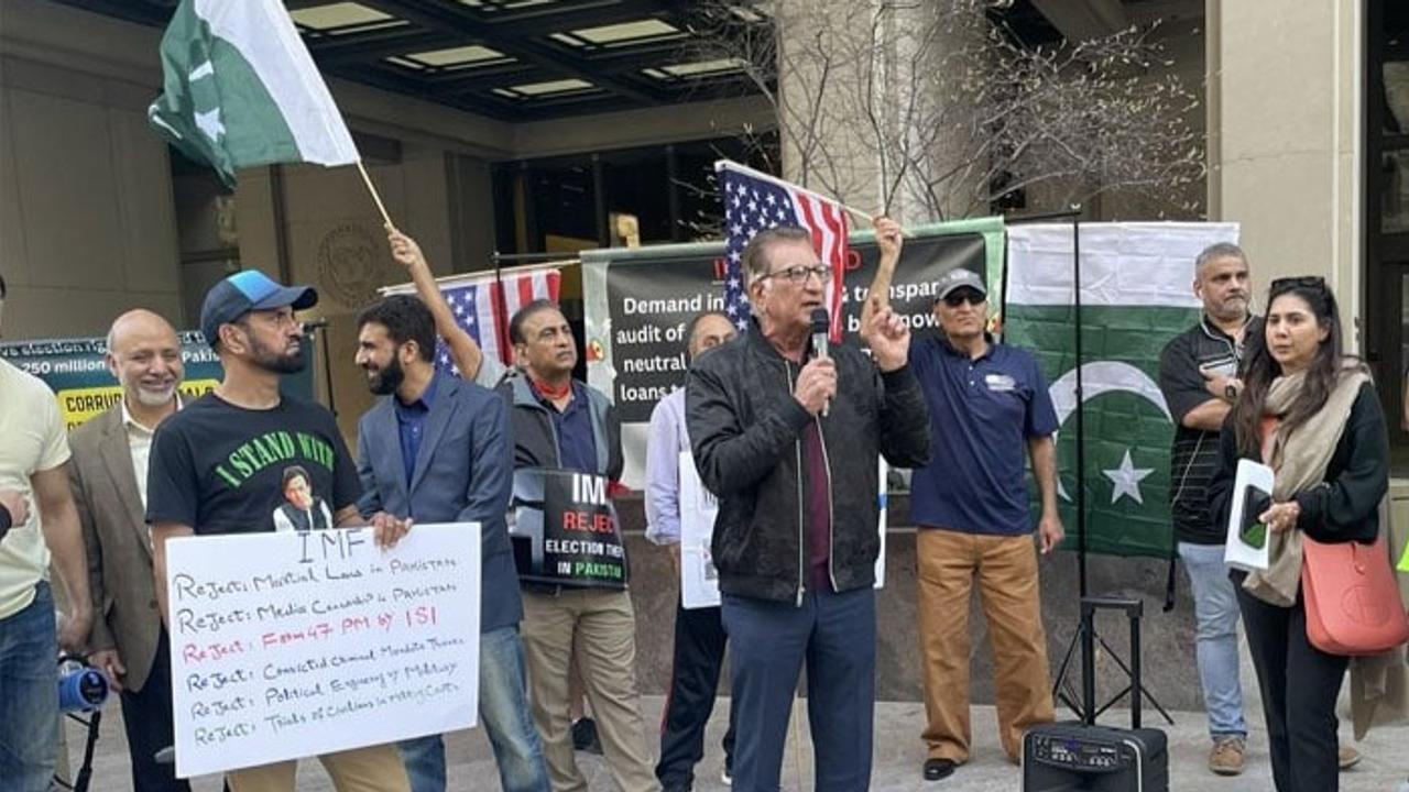 Sajjad Burki, PTI USA's spokesperson, speaks during the PTI protest outside IMF headquarters in Washington