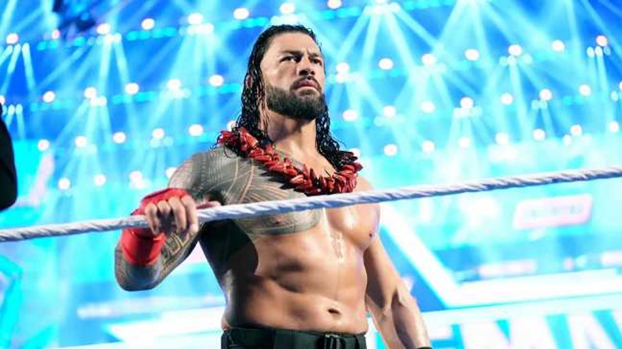 Roman Reigns makes his entrance at WrestleMania in Arlington, Texas