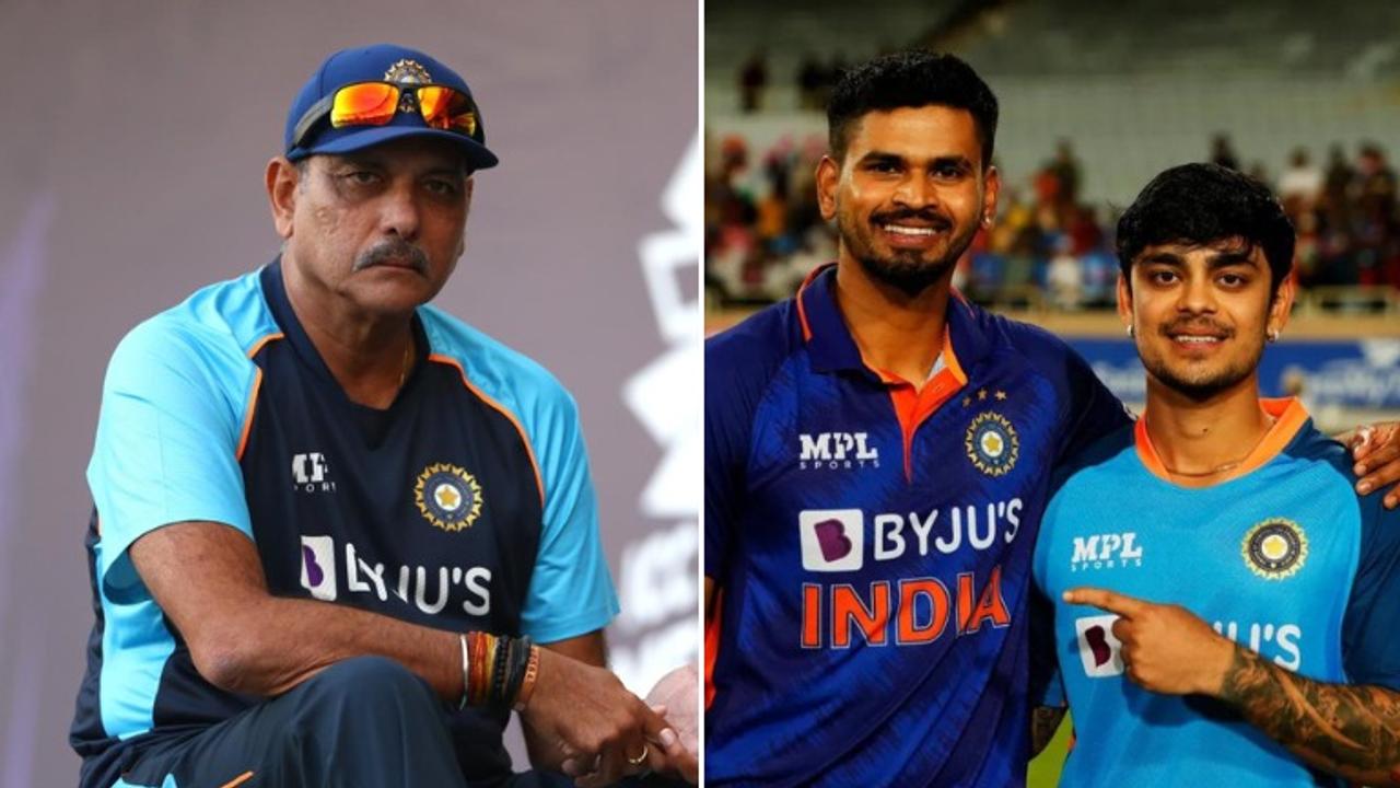 Ravi Shastri on the left, Shreyas Iyer and Ishan Kishan on the right