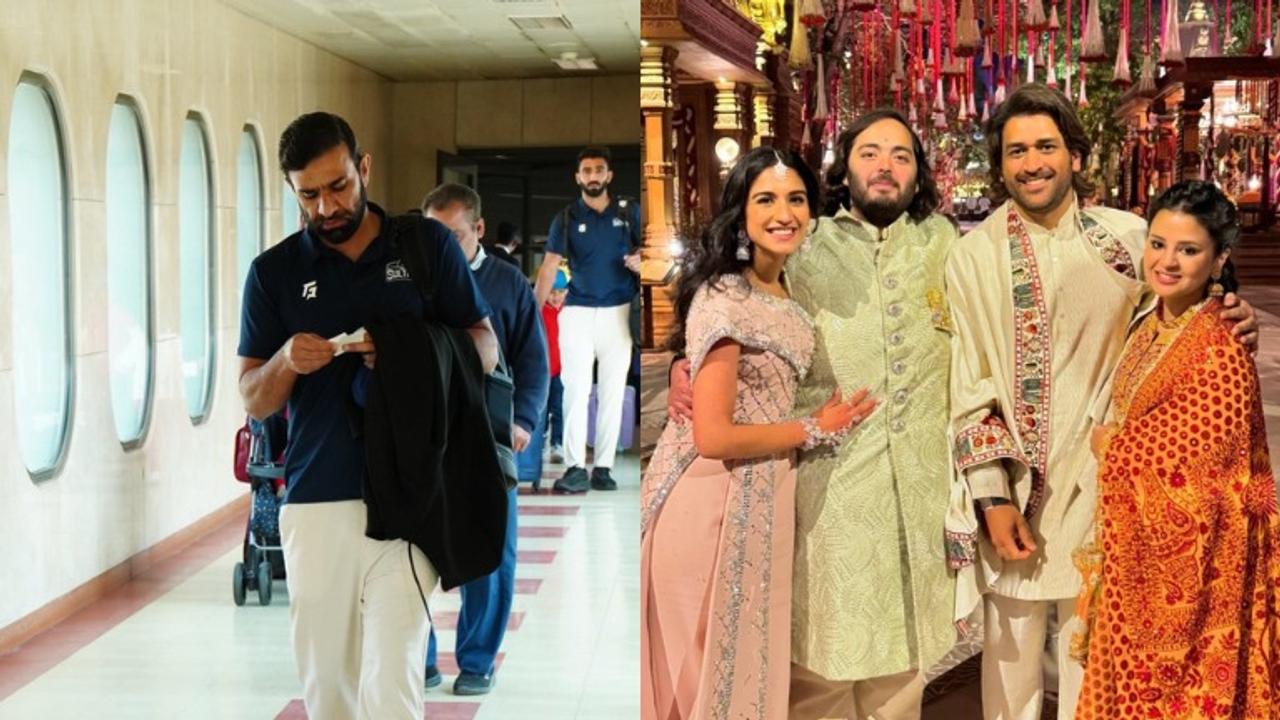 Iftikhar Ahmed on the left, Dhoni with Anant Ambani on the right