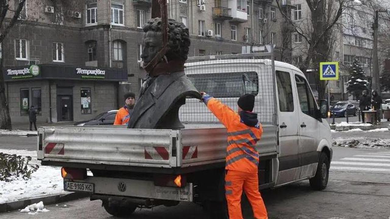 Municipal workers dismantle a monument of Russian writer Alexander Pushkin