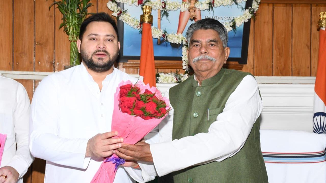 Bihar speaker and RJD leader Awadh Bihari Choudhary with former deputy CM Tejashwi Yadav 