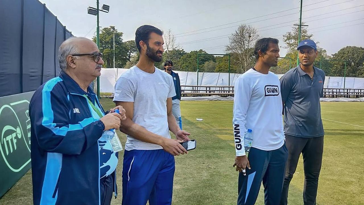 Indian team at Islamabad Sports Complex ahead of the Davis Cup 2024 tie against Pakistan, in Islamabad.