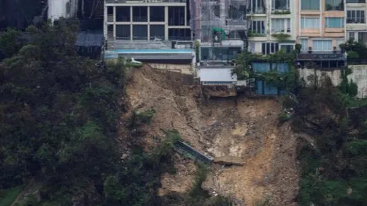 A view shows the aftermath of a landslide beneath luxury houses in the high-end Redhill Peninsula in Tai Tam