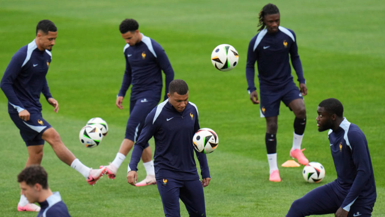 Kylian Mbappe and France players in training ahead of their Euro 2024 match vs Austria