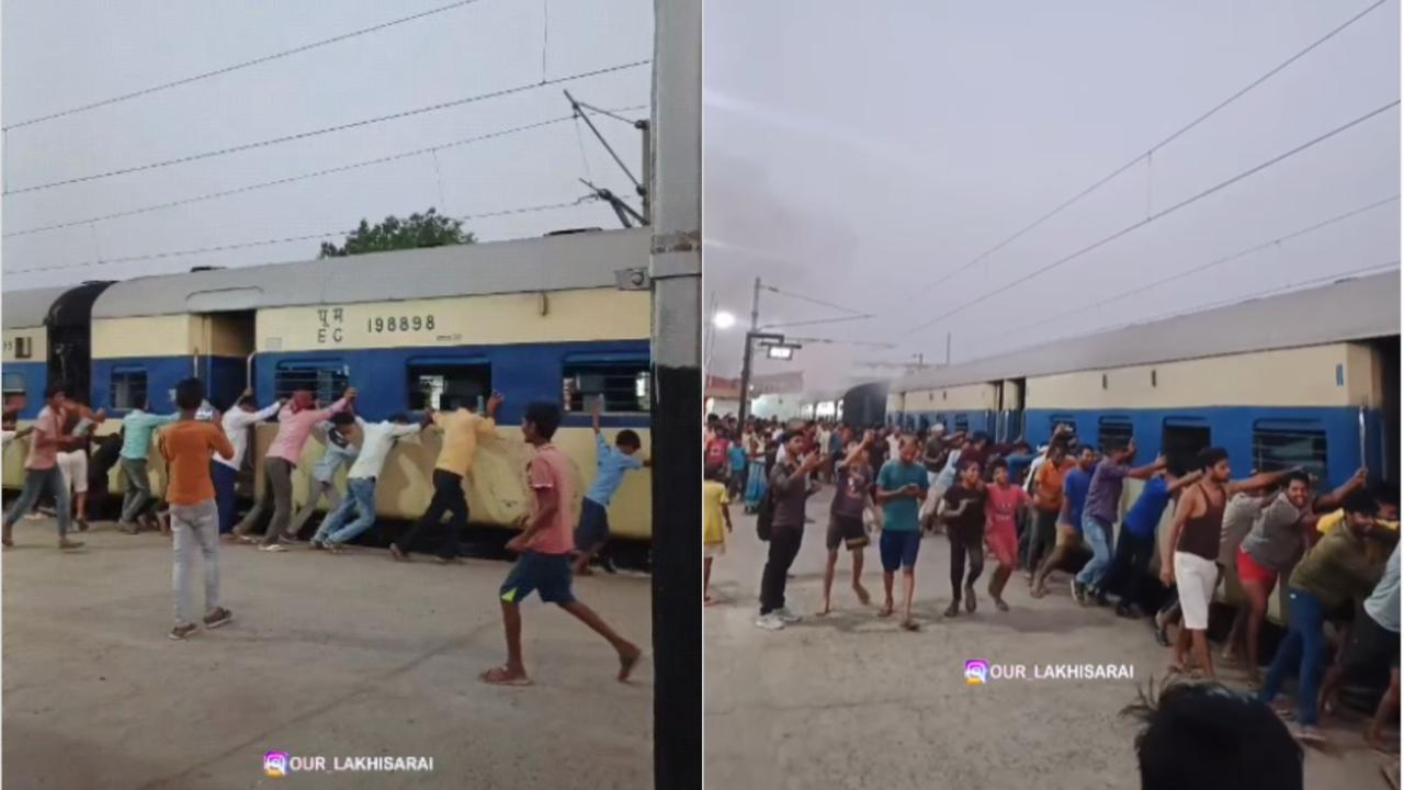 Passengers pushing train at Kiul railway station in Bihar, viral videotation in Bihar, viral video