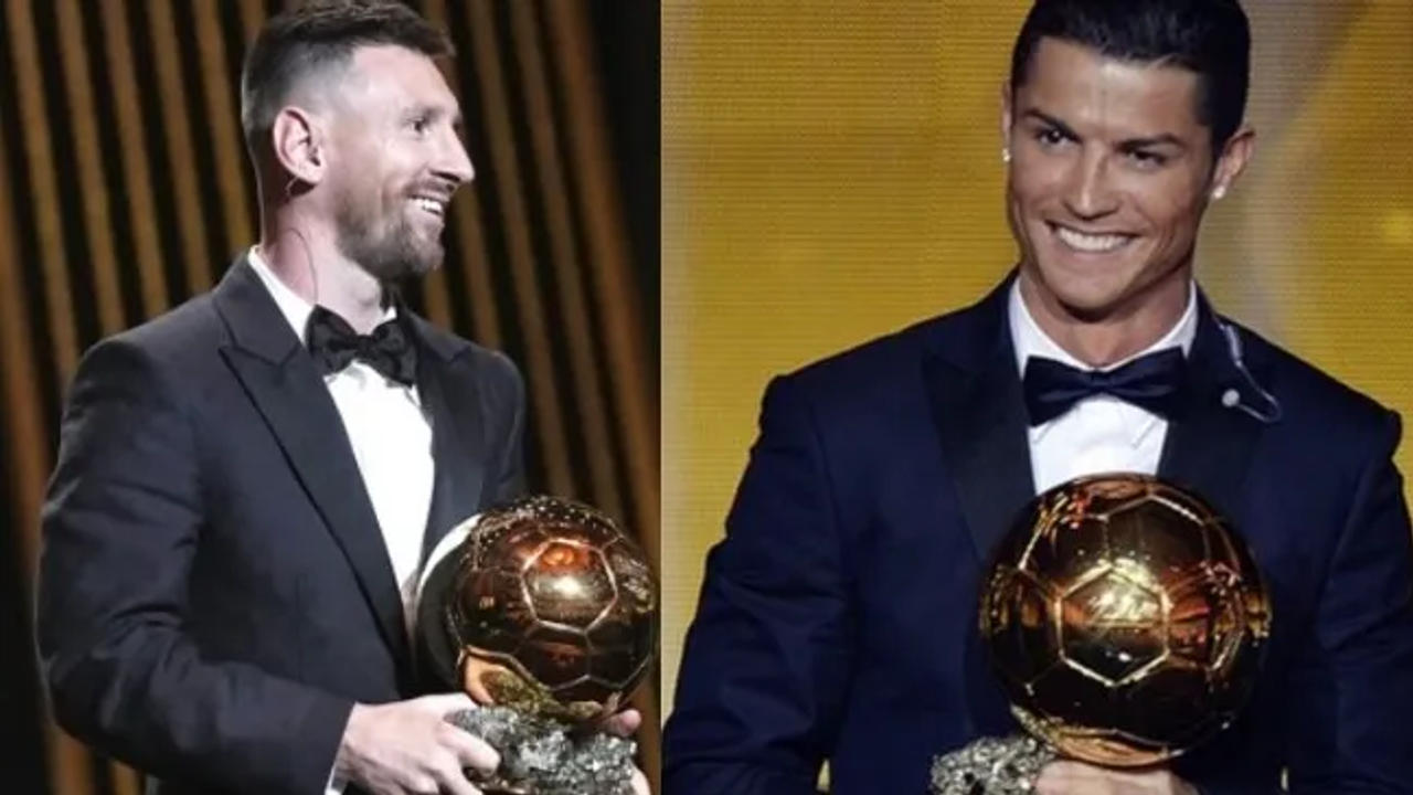 Lionel Messi and Cristiano Ronaldo with their Ballon d'Ors