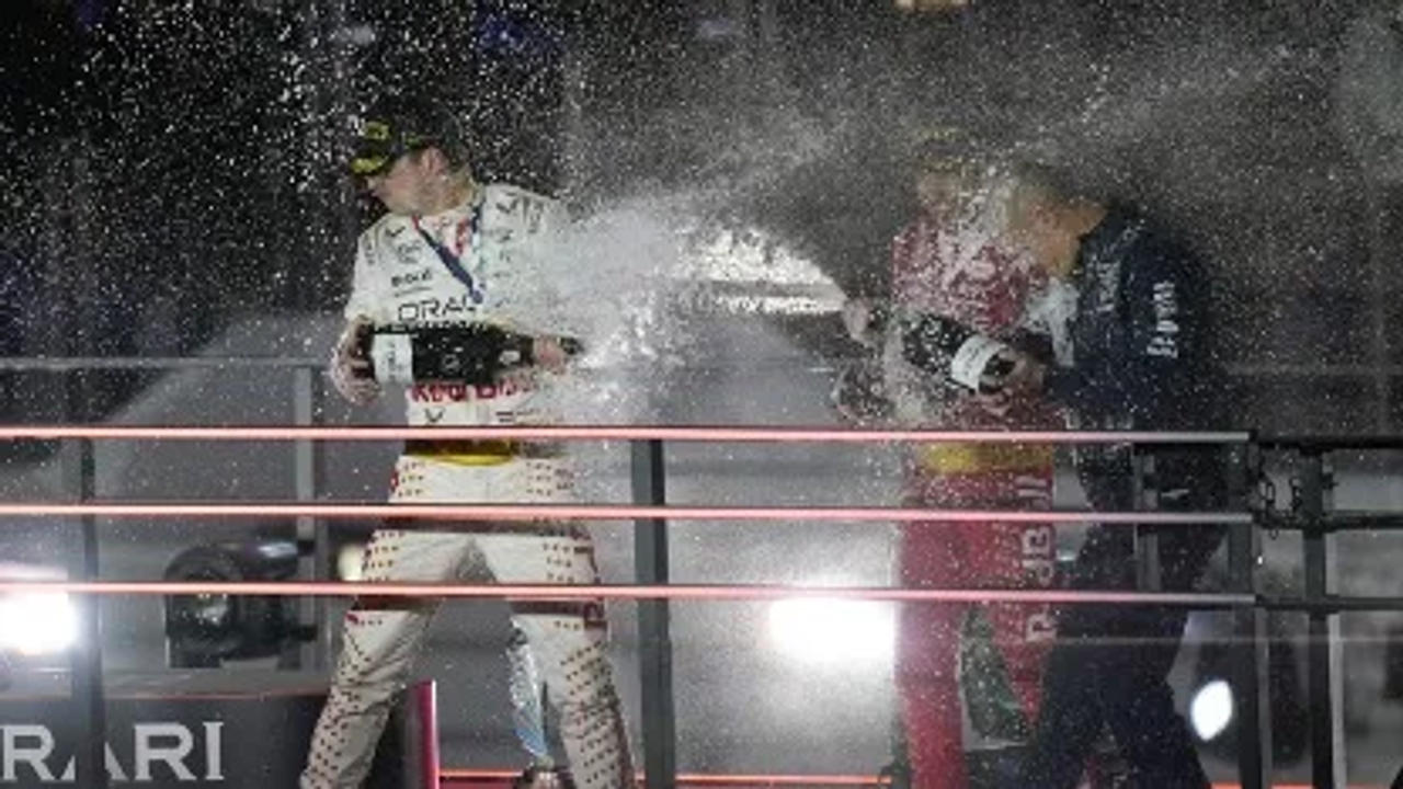 Max Verstappen celebrates after winning Las Vegas GP