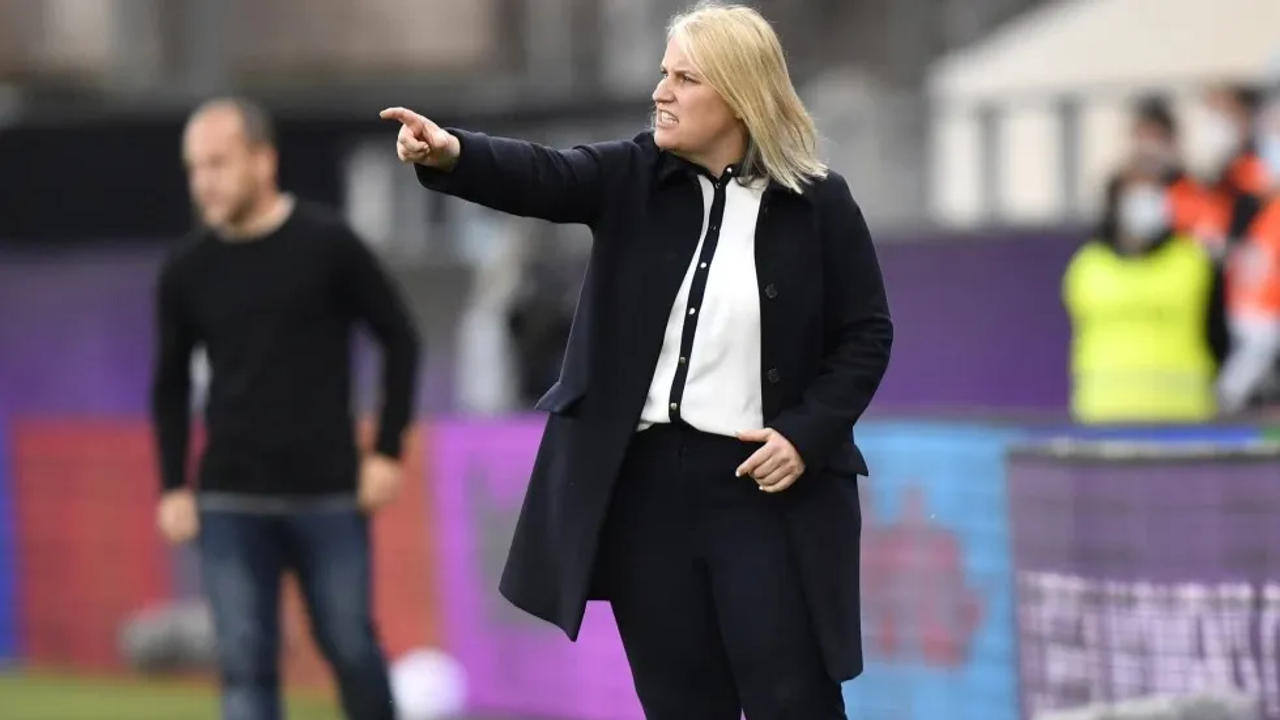 Chelsea’s coach Emma Hayes directs her team during the UEFA Women’s Champions League final soccer match between Chelsea FC and FC Barcelona