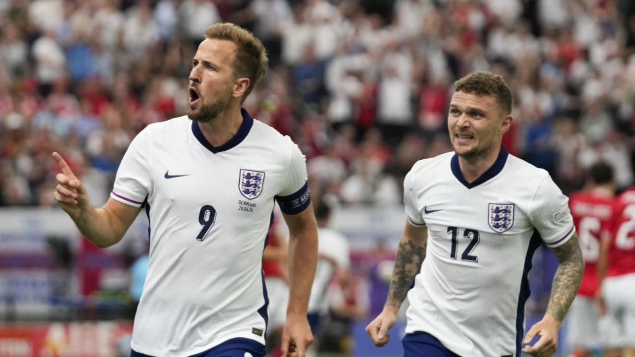 Harry Kane celebrates after scoring against Denmark in EURO 2024.