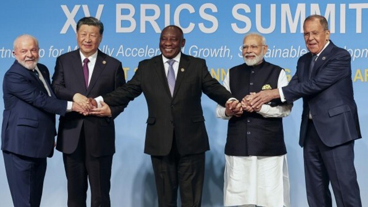 | From left, Brazil’s President Luiz Inacio Lula da Silva, China’s President Xi Jinping, South Africa’s President Cyril Ramaphosa, India’s Prime Minister Narendra Modi and Russia’s Foreign Minister Sergei Lavrov pose for a BRICS group photo