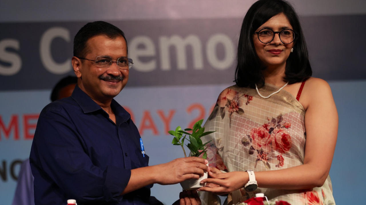 Rajya Sabha MP Swati Maliwal with Delhi CM and AAP Chief Arvind Kejriwal 