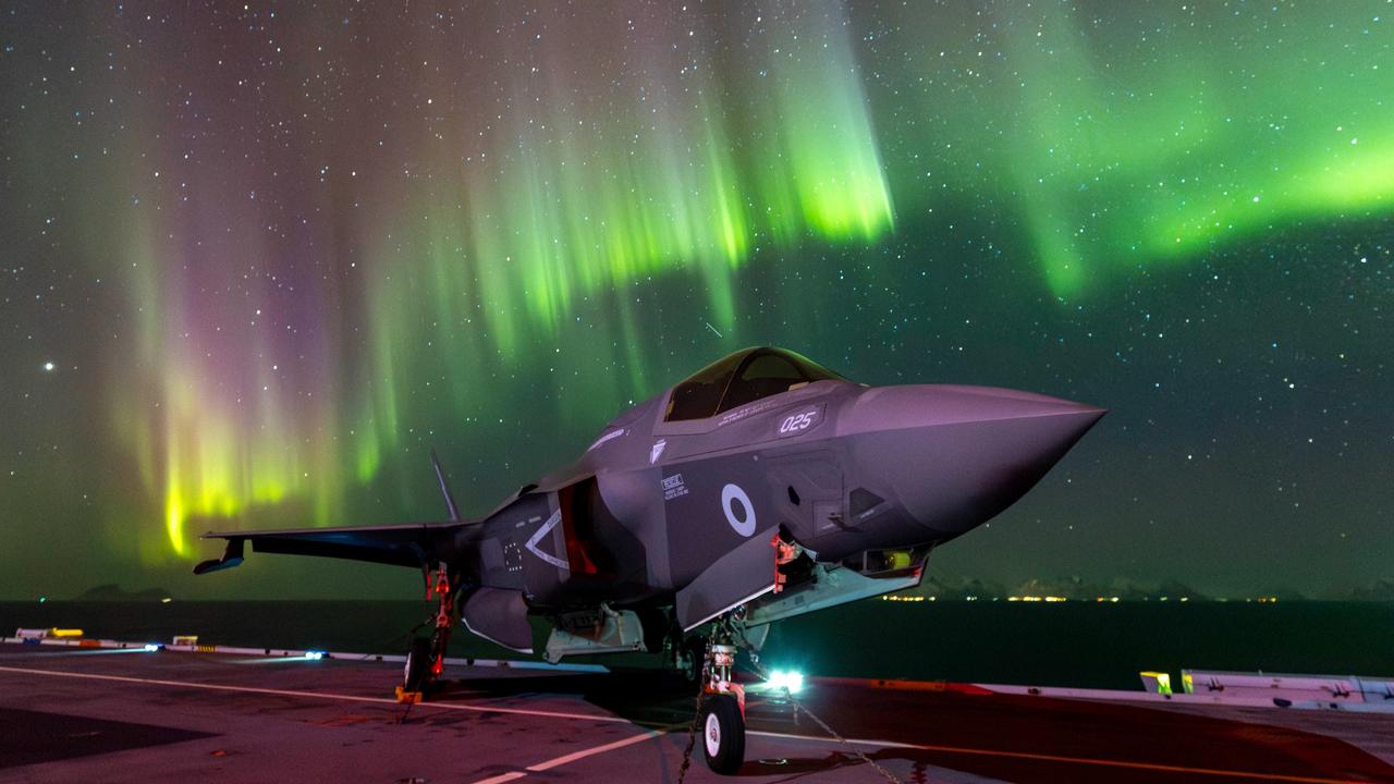 A fifth generation Stealth F-35B Against the backdrop of Aurora Borealis 