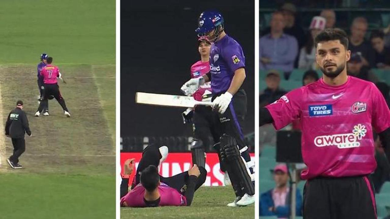 BBL, D'Arcy Short, Naveen ul-Haq, Sydney Strikers vs Hobart Hurricances, BBL 2022, D'Arcy Short Naveen-ul-Haq, Naveen-ul-Haq falls down, Big Bash Leag