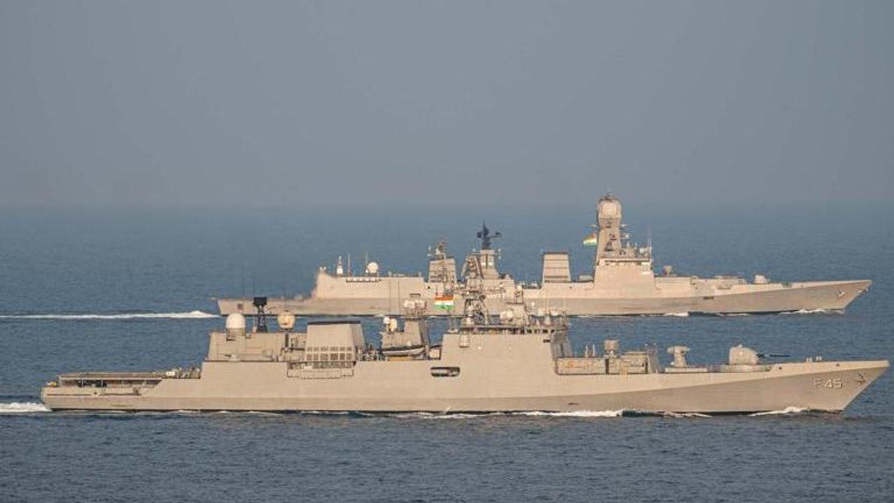 INS Talwar participating alongside INS Chennai in the joint naval exercise Varuna 2023 with the French Navy in the Indian Ocean.