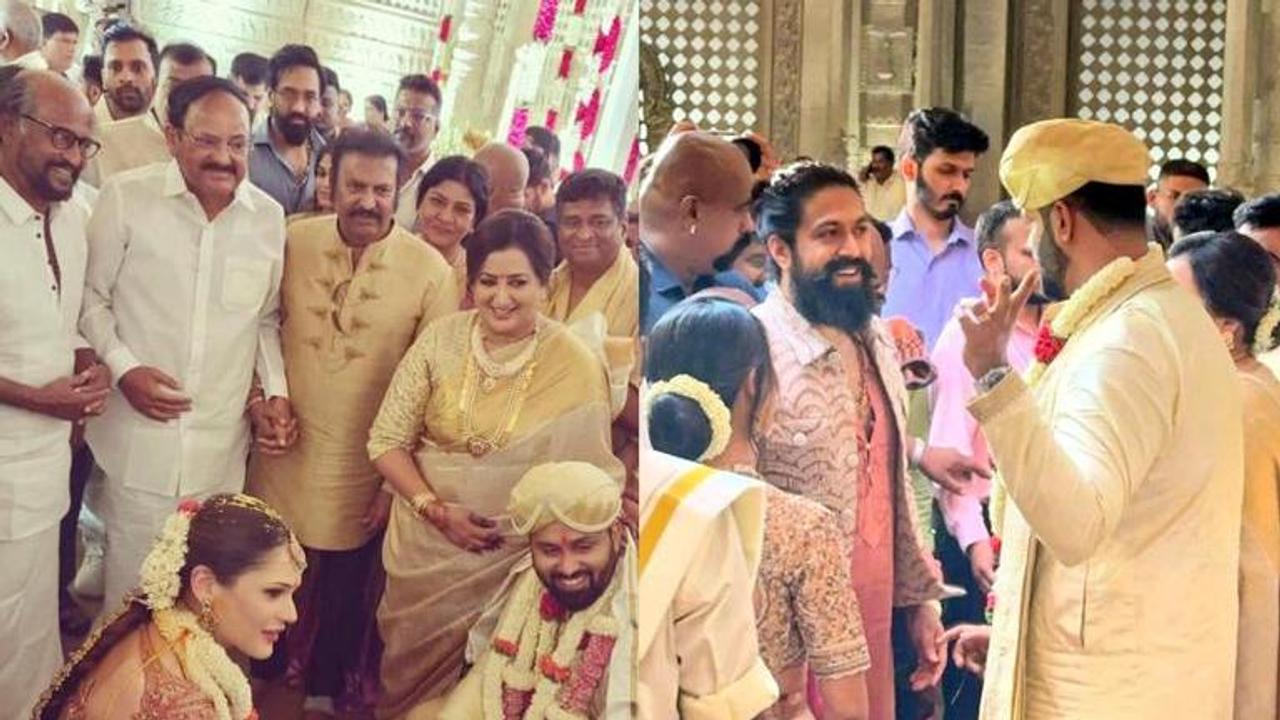 Rajinikanth and Yash at Abishek Ambareesh and Aviva Bidapa's wedding (Image: MNVGowda/Twitter)