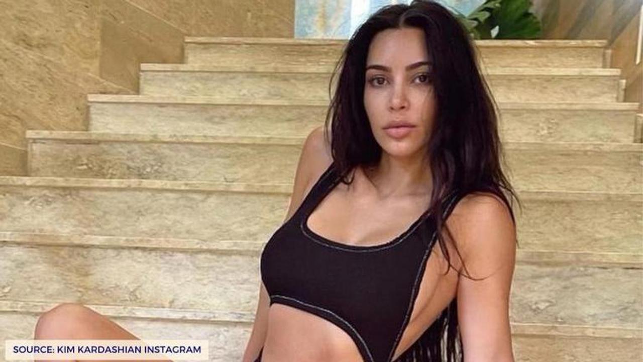 Kim Kardashian in a beige bikini