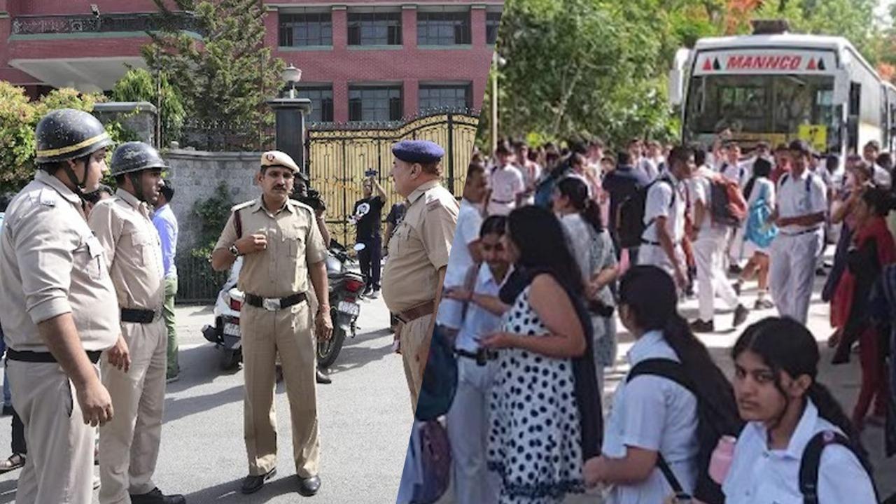 Visuals outside a Delhi school after receving bomb threats 