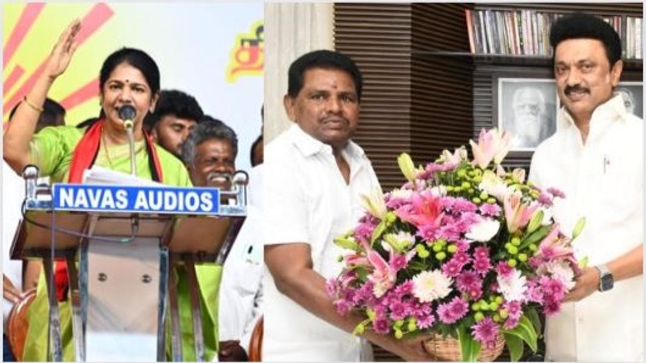 Tamil Nadu Minister Anitha Radhakrishnan with CM MK Stalin (right) and DMK MP Kanimozhi (left) 